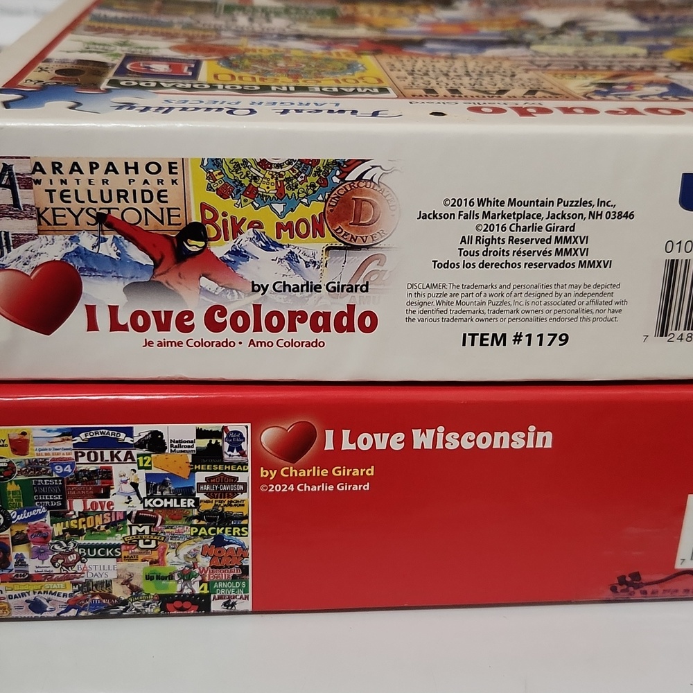 2/$20 WHITE MOUNTAIN PUZZLES 1000 pc I LOVE COLORADO & WISCONSIN Collage Girard - Picture 4 of 10